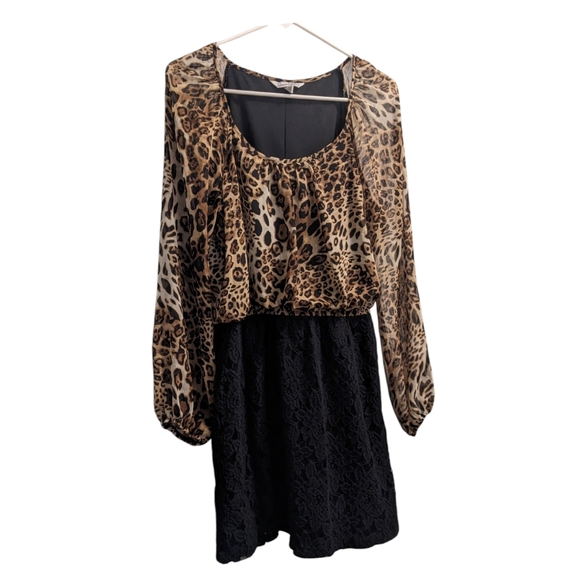 Speechless Dresses & Skirts - 💥 Speechless Leopard Print Sheer Sleeve Floral Black Dress L